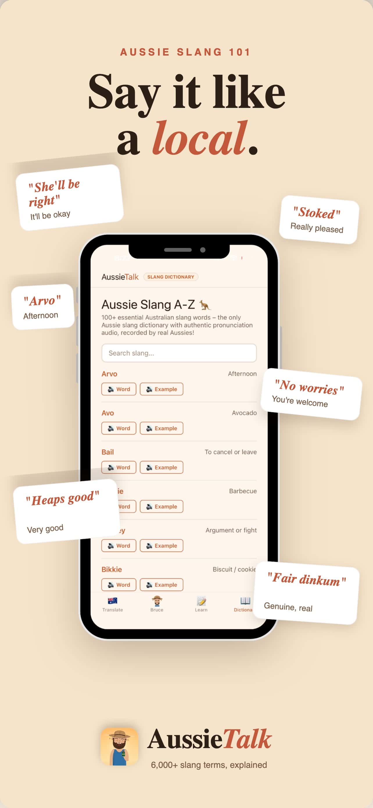 Aussie Talk app screenshot: Slang Dictionary (With Audio)